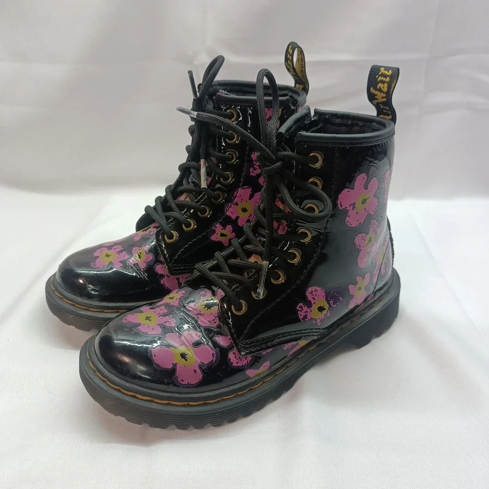 Dr Doc Martens Combat‎ Boots Girls 13 Floral Pansy Black Patent Leather